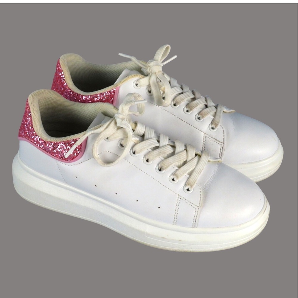 BERNESS White Faux Leather PLATFORM CHUNKY SNEAKERS SHOES Pink Glitter Backs 9